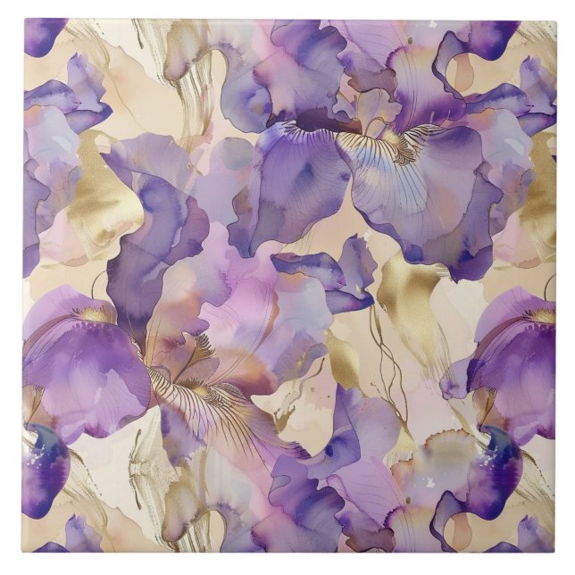 Romantic Purple Gold Iris Floral Bridal Shower Ceramic Tile (Front)