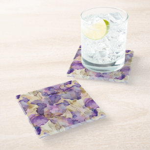 Romantic Purple Gold Iris Floral Bridal Shower Glass Coaster
