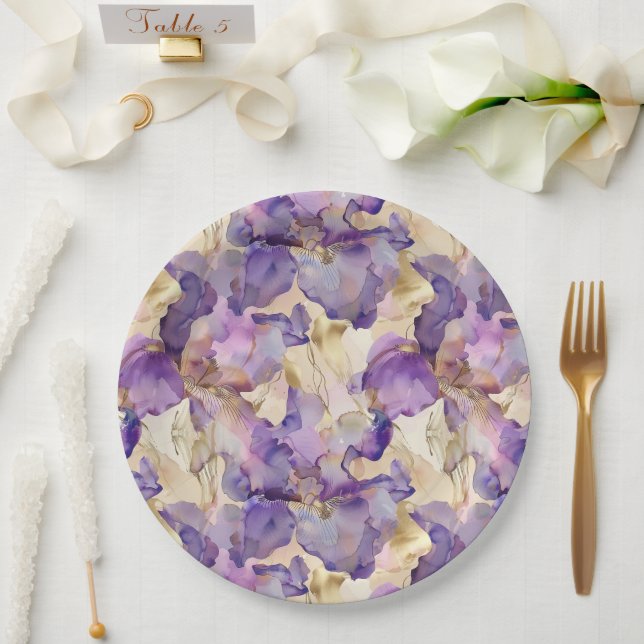 Romantic Purple Gold Iris Floral Bridal Shower Paper Plates (Wedding)