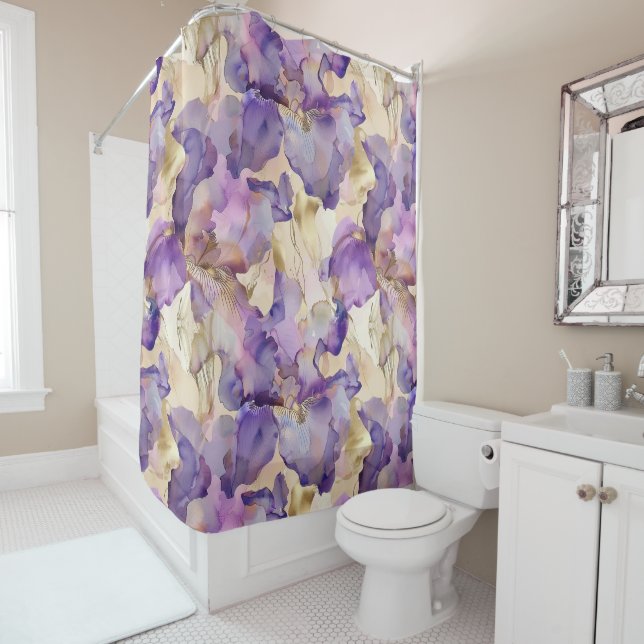 Romantic Purple Gold Iris Floral Bridal Shower Shower Curtain (In Situ)