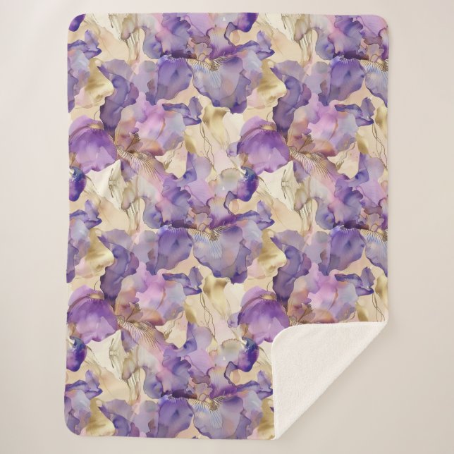 Romantic Purple Gold Iris Floral  Sherpa Blanket (Front)