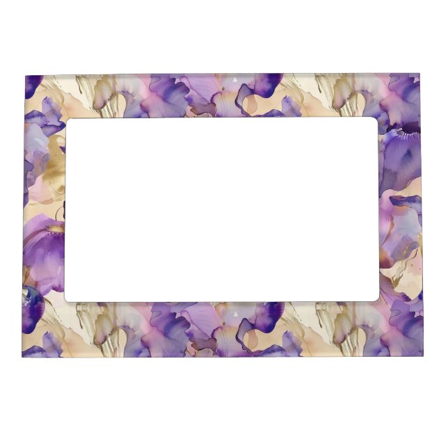Romantic Purple Gold Iris Floral Wedding Magnetic Frame (Front)