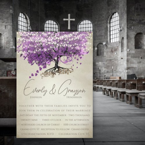 Radiant Orchid Purple Heart Leaf Tree Wedding Card