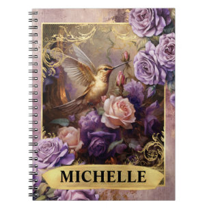 Romantic Purple Hummingbird and Roses Fantasy Notebook