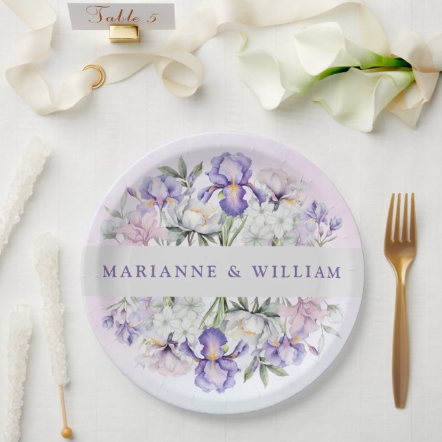 Romantic Purple Iris and Peonies Floral Wedding  Paper Plates (Wedding)