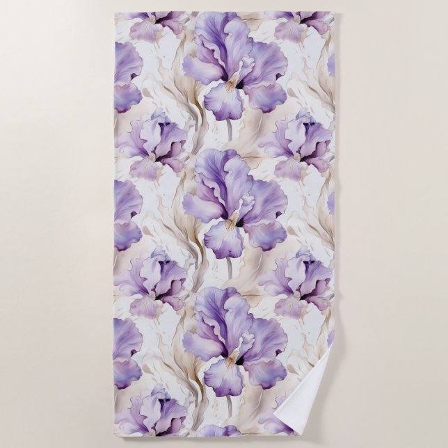 Romantic Purple Iris Floral Bridal Shower Beach Towel (Front)