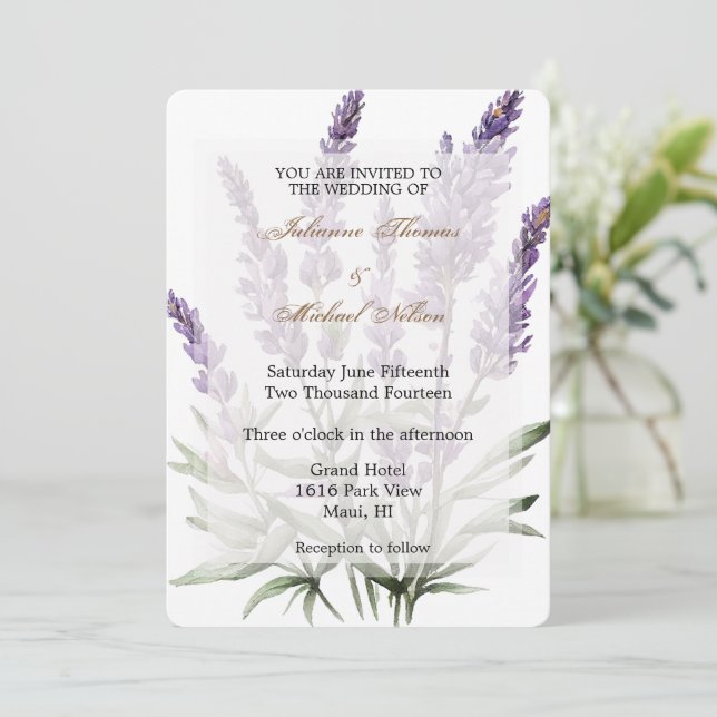 Romantic Purple Lavender Floral Wedding Invitation (Standing Front)