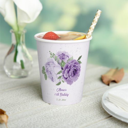 romantic purple lavender flowers green leaves paper cups