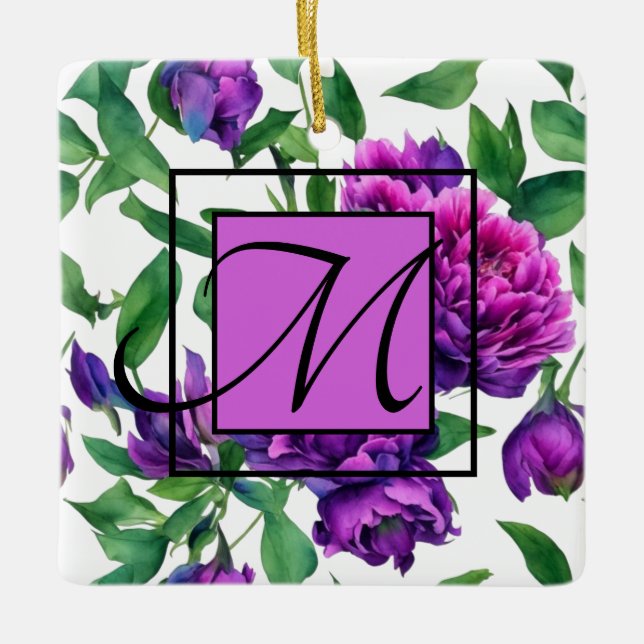 Romantic purple magenta pink watercolor peonies  ceramic ornament (Front)