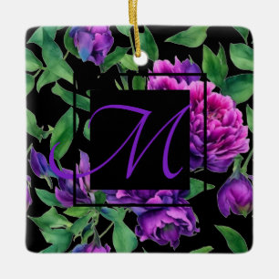 Romantic purple magenta pink watercolor peonies  ceramic ornament