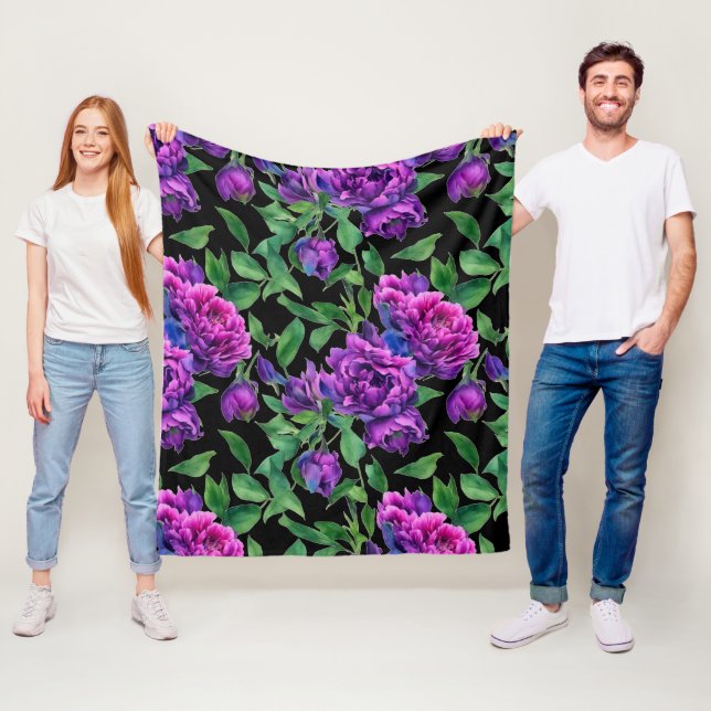 Romantic purple magenta pink watercolor peonies  fleece blanket (In Situ)