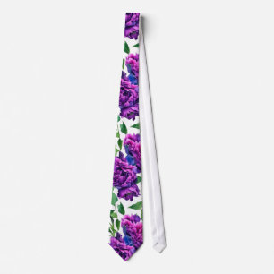 Romantic purple magenta pink watercolor peonies neck tie