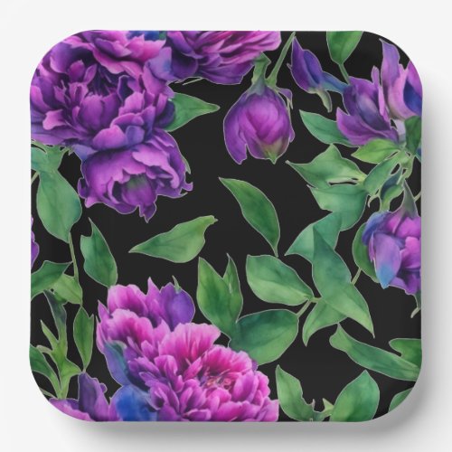 Romantic purple magenta pink watercolor peonies  paper plates