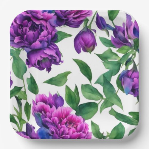 Romantic purple magenta pink watercolor peonies  paper plates