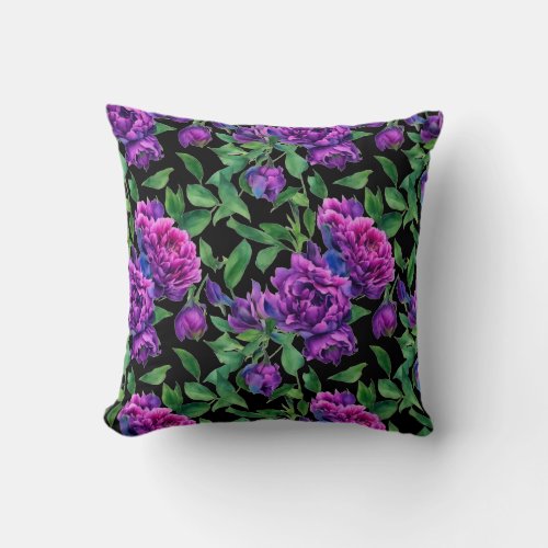 Romantic purple magenta pink watercolor peonies  throw pillow