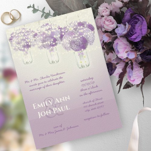 Romantic Purple Mason Jar Firefly Wedding Invitation