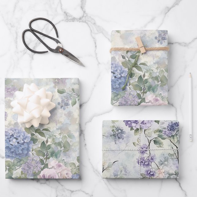Romantic Purple Pink Flowers Bridal Shower Wrapping Paper Sheets (Front)