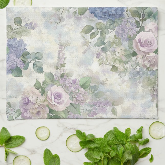 Romantic Purple Pink Flowers Kitchen Towel (Folded)