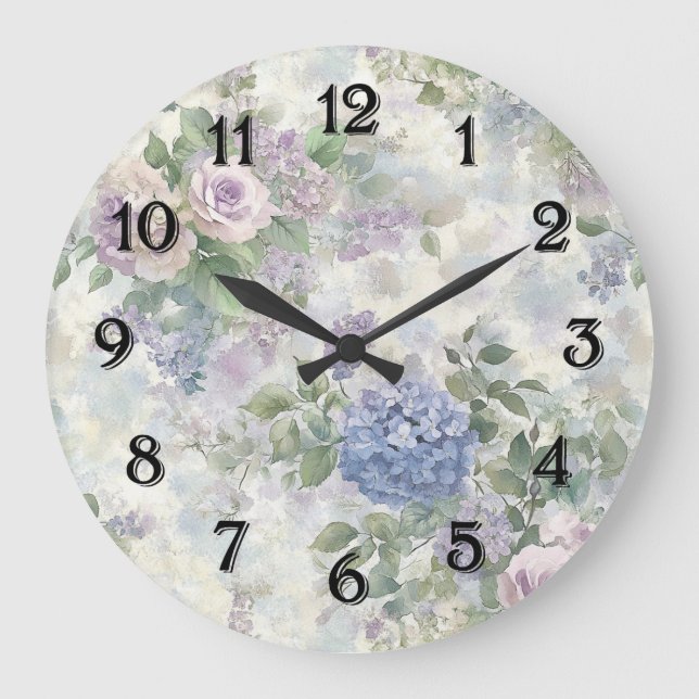 Romantic Purple Pink Flowers Large Clock (Front)
