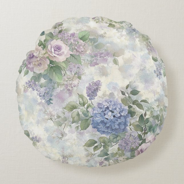 Romantic Purple Pink Flowers Round Pillow (Front)