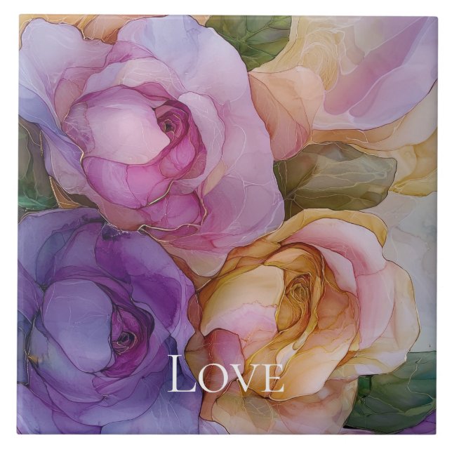 Romantic Purple Pink Gold Floral Love Ceramic Tile (Front)