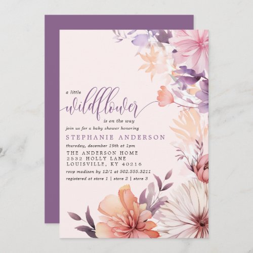 Romantic Purple Pink Little Wildflower Baby Shower Invitation