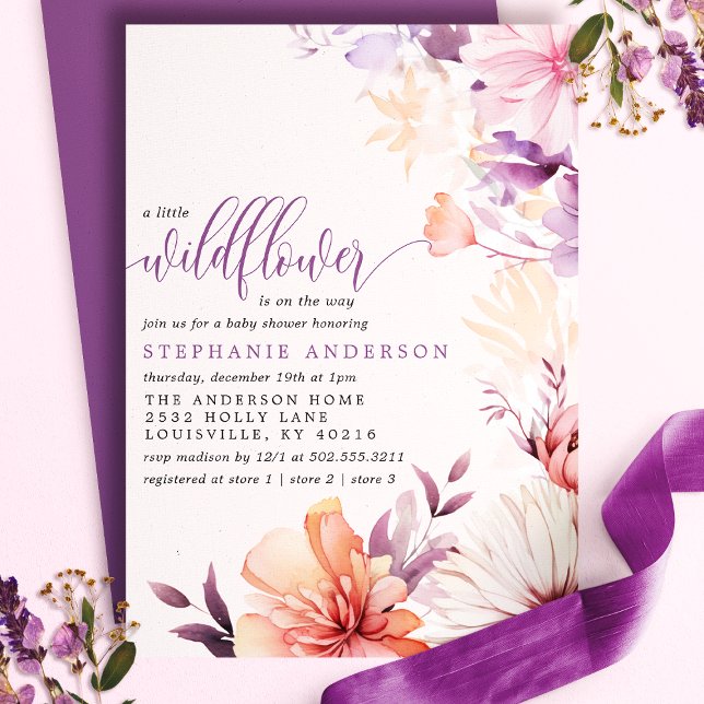 Romantic Purple Pink Little Wildflower Baby Shower Invitation (Creator Uploaded)