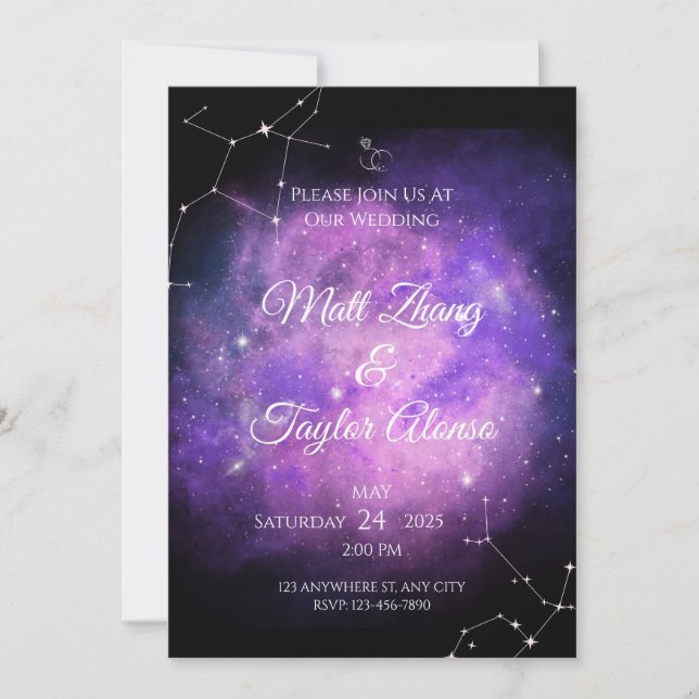 Romantic Purple & Pink Nebula Wedding Invitation (Front)