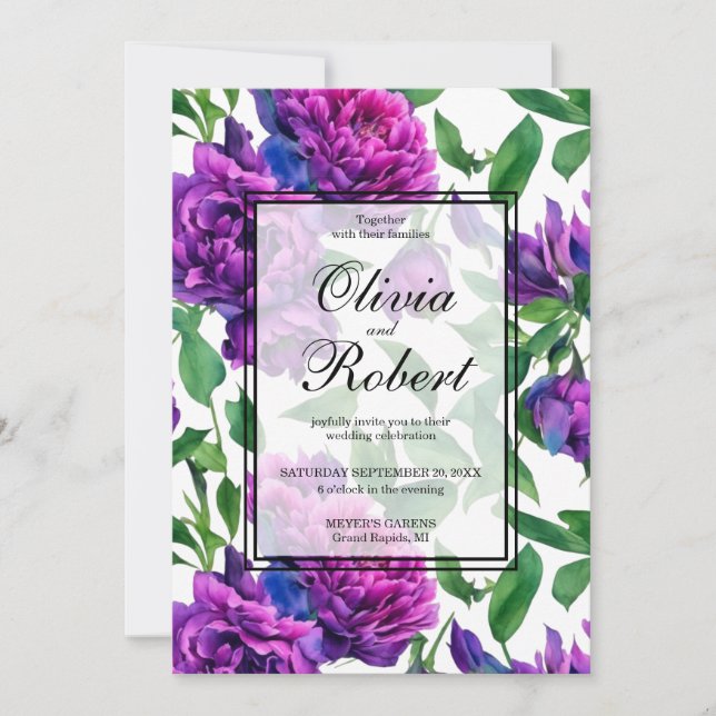 Romantic purple pink watercolor peonies WEDDING Invitation (Front)