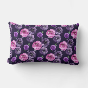 Romantic Purple & Pink Watercolor Roses Floral Lumbar Pillow