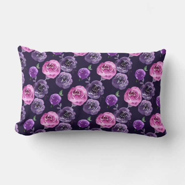 Romantic Purple & Pink Watercolor Roses Floral Lumbar Pillow (Front)