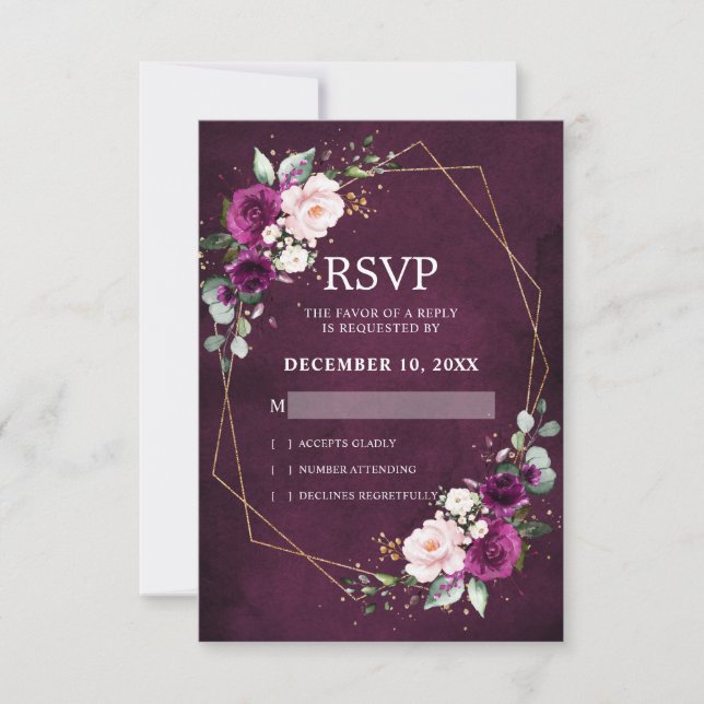 Romantic Purple plum Blush Pink Floral Geometric RSVP Card (Front)