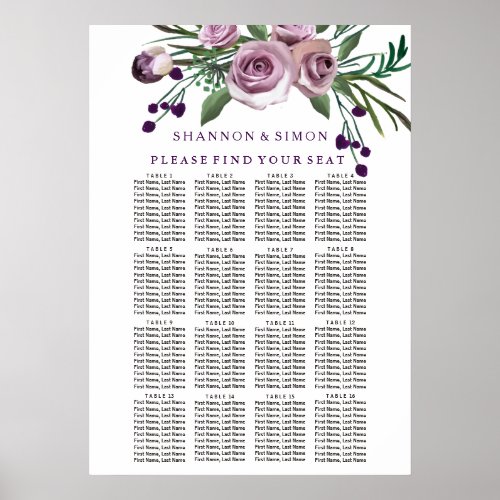 Romantic Purple Plum Floral Wedding Seating Chart