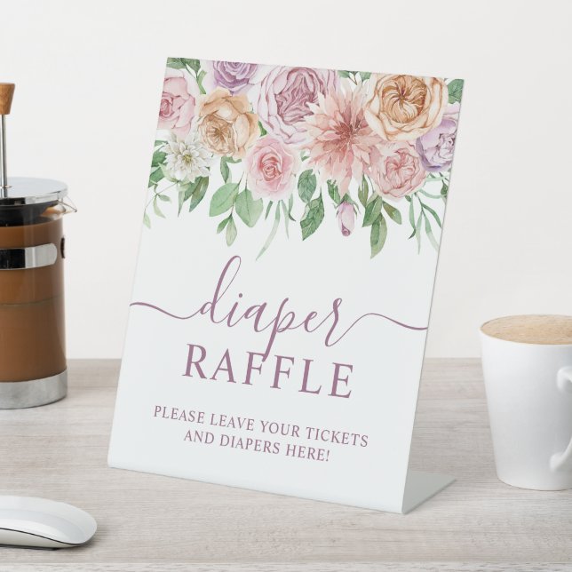 Romantic Purple Rose Baby Shower Diaper Raffle Pedestal Sign (In SItu)