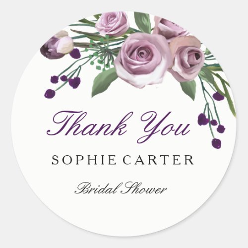 Romantic Purple Rose Bridal Shower Thank you Classic Round Sticker