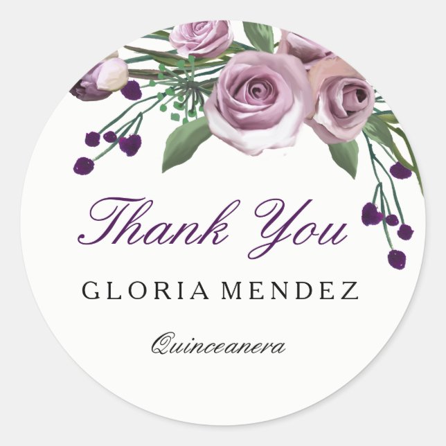 Romantic Purple Rose Quinceanera Thank you sticker (Front)
