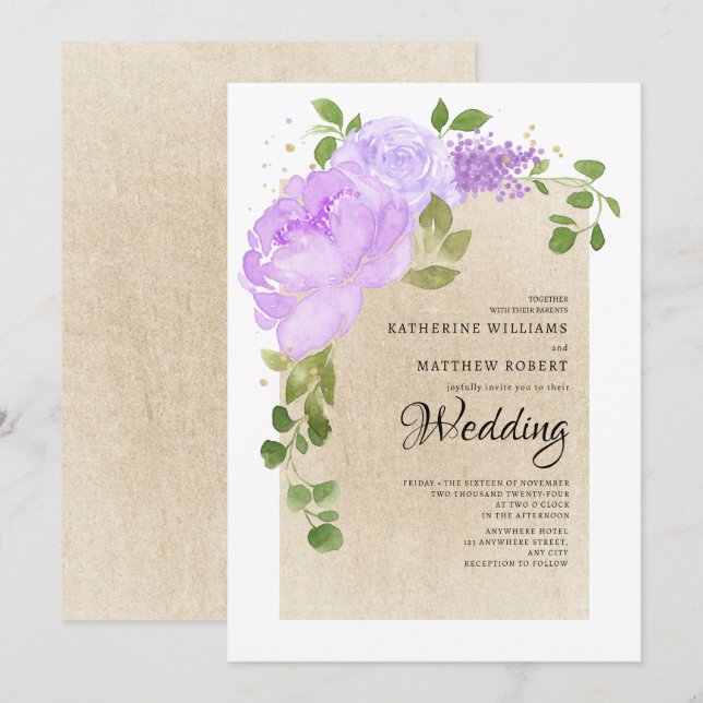 Romantic Purple Shades Roses Boho Floral Wedding Invitation (Front/Back)