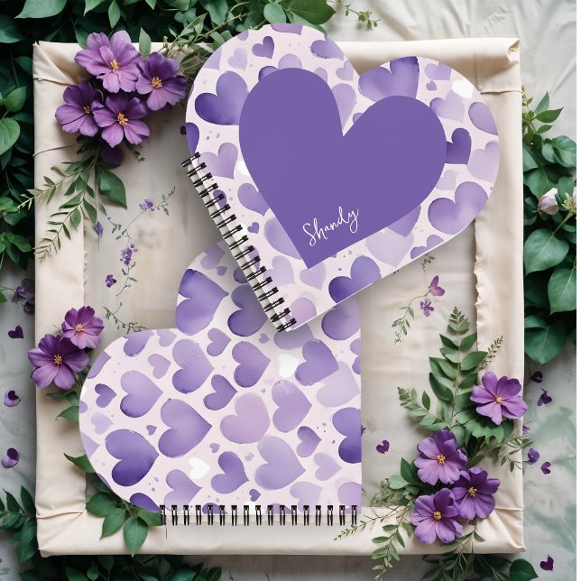 Romantic Purple Shades Watercolor Effect Hearts  Notebook (Romantic Purple Shades Watercolor Effect Hearts Notebooks in Heart-Shape.)