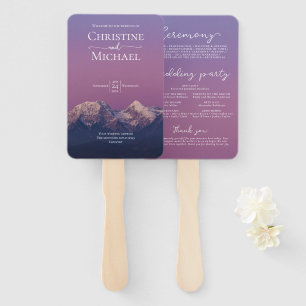 Romantic purple sunset snowy mountains wedding hand fan