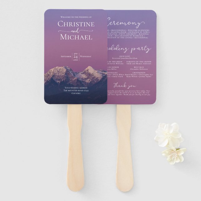 Romantic purple sunset snowy mountains wedding hand fan (Front and Back)