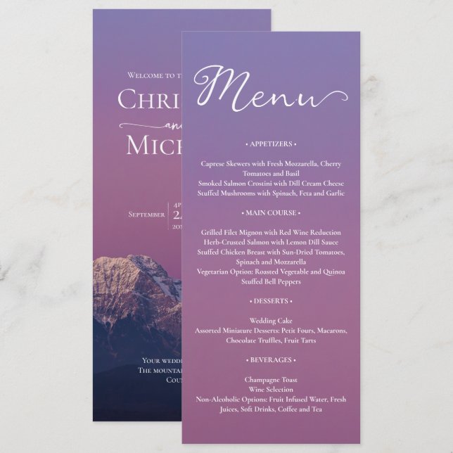 Romantic purple sunset snowy mountains wedding menu (Front/Back)