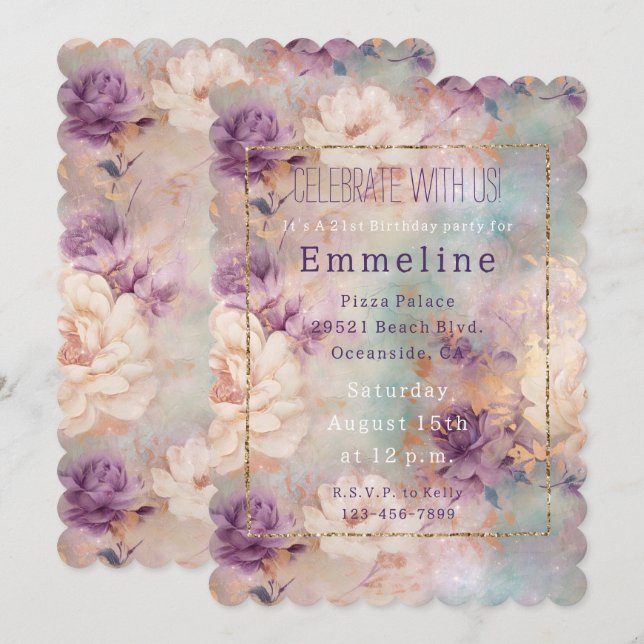 Romantic Purple Turquoise Blush Floral Invitation (Front/Back)