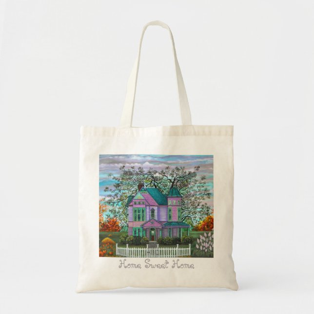 Romantic Purple Victorian House Picket Fence Tote Bag (Front)