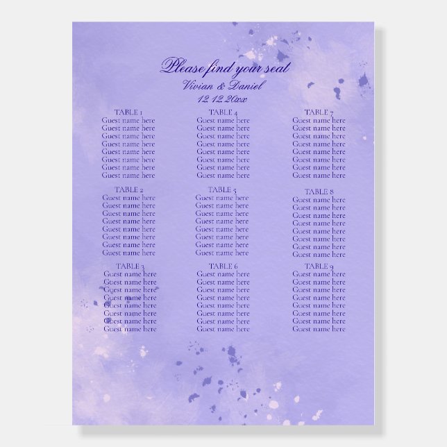 Romantic Purple Watercolor Wedding Seating Chart  Foam Board (Front)