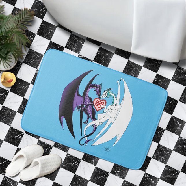 Romantic Purple White Fantasy Dragons Love Blue Bath Mat (Creator Uploaded)