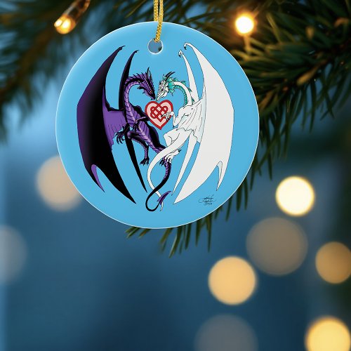 Romantic Purple White Fantasy Dragons Love Blue Ceramic Ornament