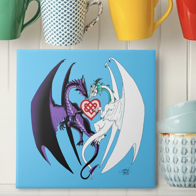 Romantic Purple White Fantasy Dragons Love Blue Ceramic Tile (Creator Uploaded)
