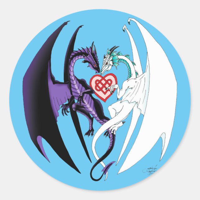 Romantic Purple White Fantasy Dragons Love Blue Classic Round Sticker (Front)
