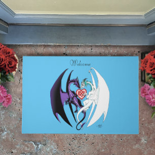 Romantic Purple White Fantasy Dragons Love Blue Doormat