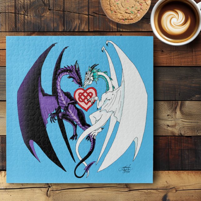 Romantic Purple White Fantasy Dragons Love Blue Jigsaw Puzzle (Creator Uploaded)